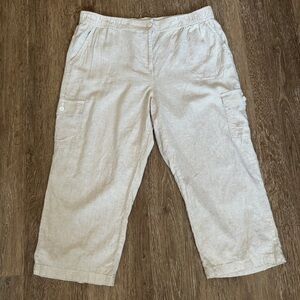 Talbots linen capri pants sz 16 wide leg cargo beige striped lagenlook Coastal